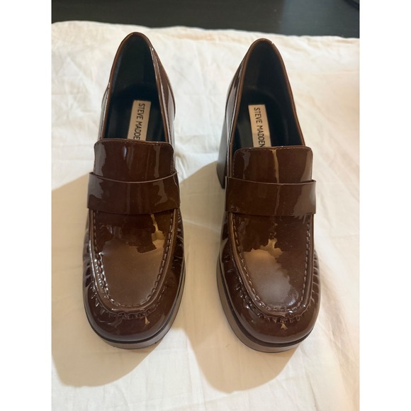 Steve Madden MUNDAY Chunky Heel Platform Loafers Brown Patent Leather Women 8